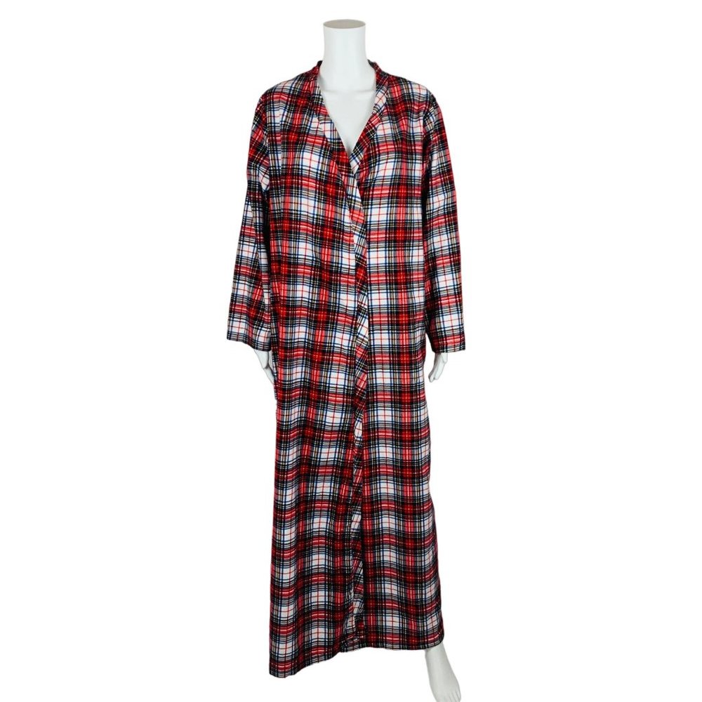 Vintage 60s Plaid Robe Red Cotton Long Flannel Sleepwear